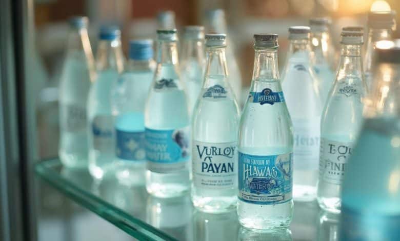 Étagère remplie de bouteilles d'eau minérale de différentes marques.