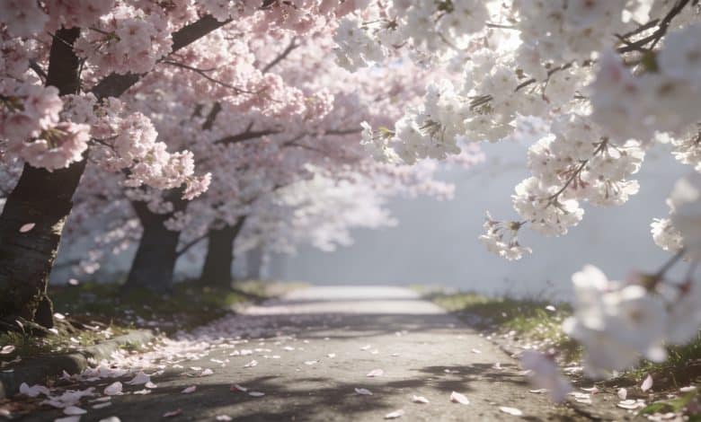 allee de cerisiers en fleurs bordant un chemin