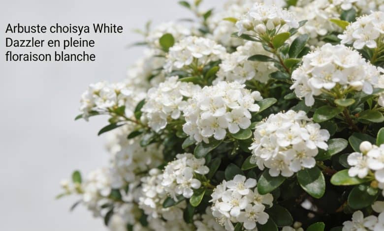Arbuste choisya White Dazzler en pleine floraison blanche