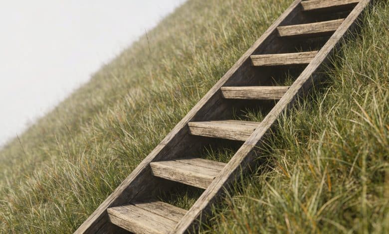 Escalier en bois monte une pente herbeuse raide
