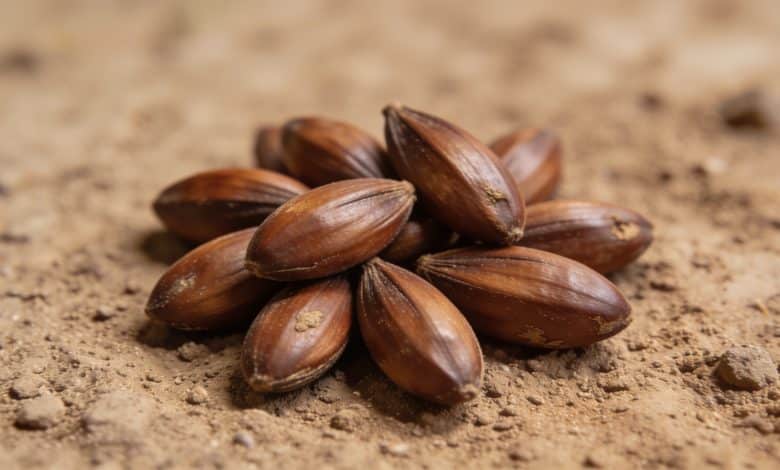 Tas de graines de palmier brunes sur sol
