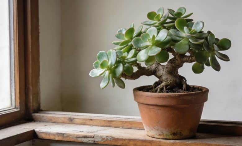Gros bonsai jade en pot sur rebord de fenetre