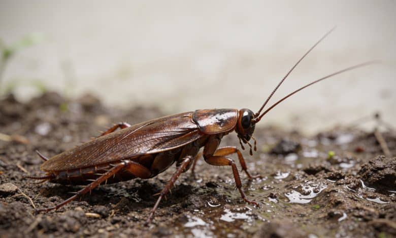 Gros cafard brun sur sol de jardin humide