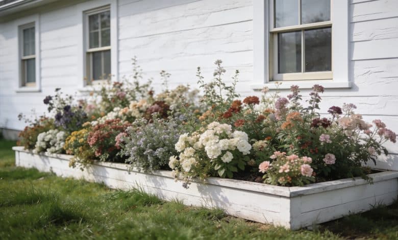 Jardin avec grand massif fleuri devant maison blanche
