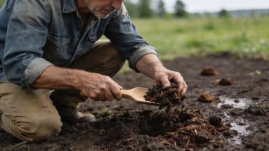 Jardinier accroupi enrichissant terre sombre avec compost