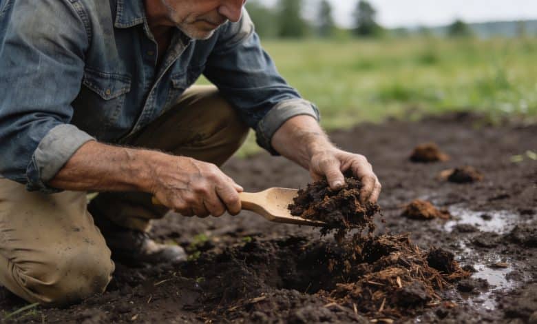 Jardinier accroupi enrichissant terre sombre avec compost