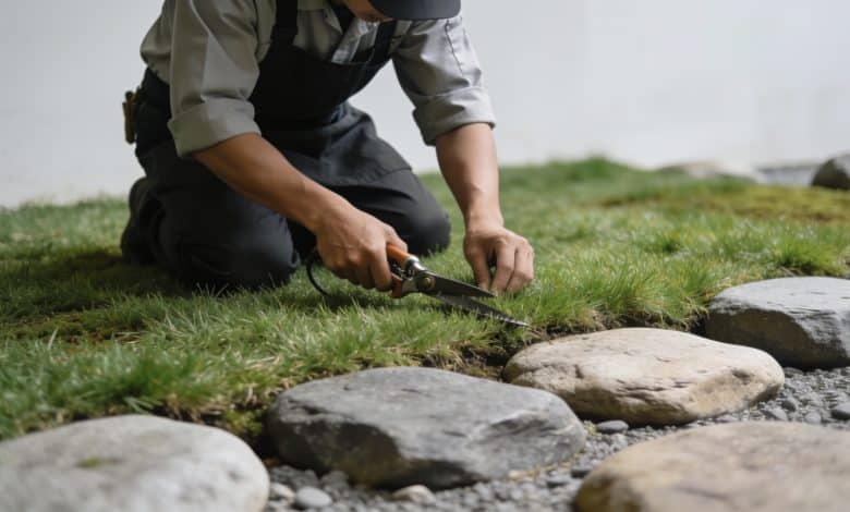 Jardinier agenouille taille pelouse basse avec pierres japonaises