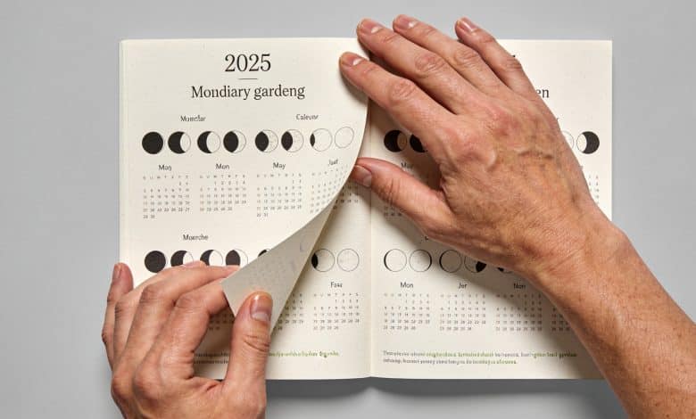 mains feuilletant calendrier lunaire de jardinage 2025