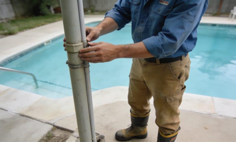 Technicien debout inspectant tuyau vertical pres piscine
