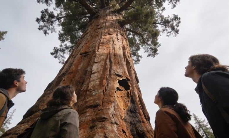 Touristes regardant un sequoia geant depuis sa base