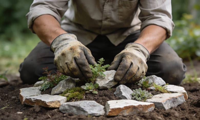 jardinier agenouille disposant pierres et plantes alpines