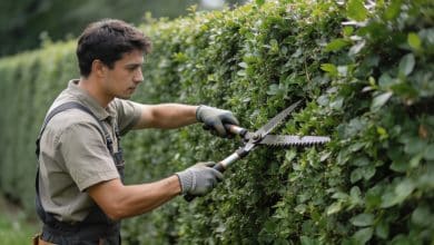 jardinier coupe soigneusement une longue haie verte
