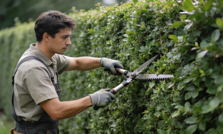 jardinier coupe soigneusement une longue haie verte