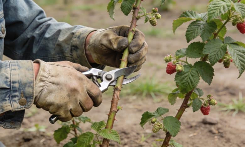 jardinier coupe tiges de framboisiers avec sécateur
