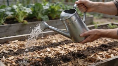 Mains arrosant potager avec arrosoir sur paillis