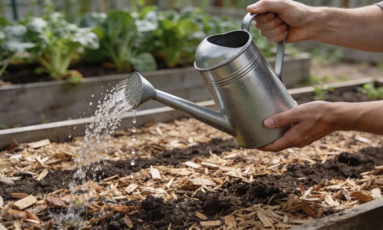 Mains arrosant potager avec arrosoir sur paillis