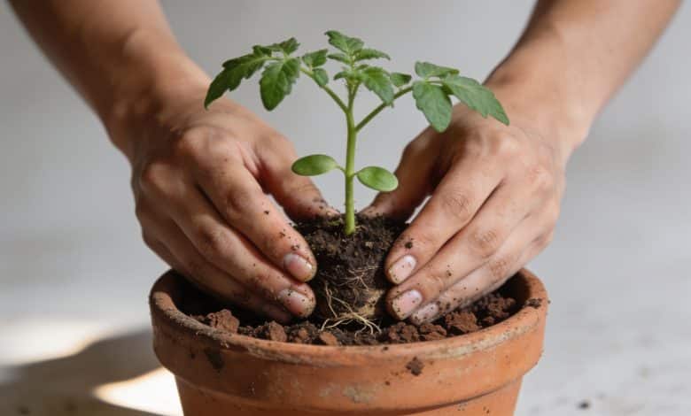 Mains plantant un jeune plant de tomate en pot