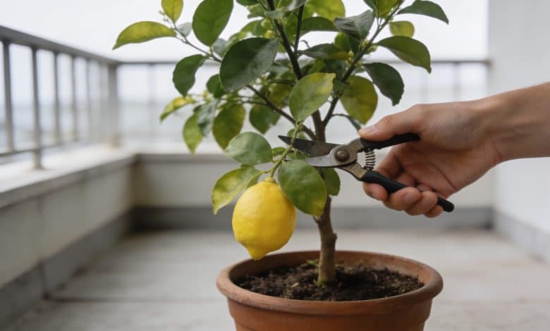 Mains taillant un citronnier en pot sur terrasse
