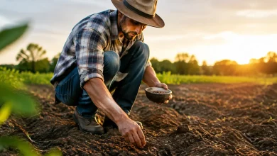 Agriculteur accroupi semant des graines sur un sol nu