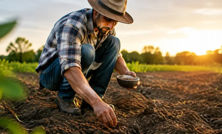 Agriculteur accroupi semant des graines sur un sol nu