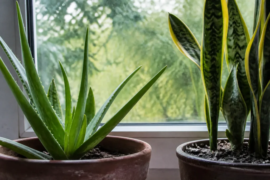 Aloe vera et sansevieria devant une fenetre lumineuse