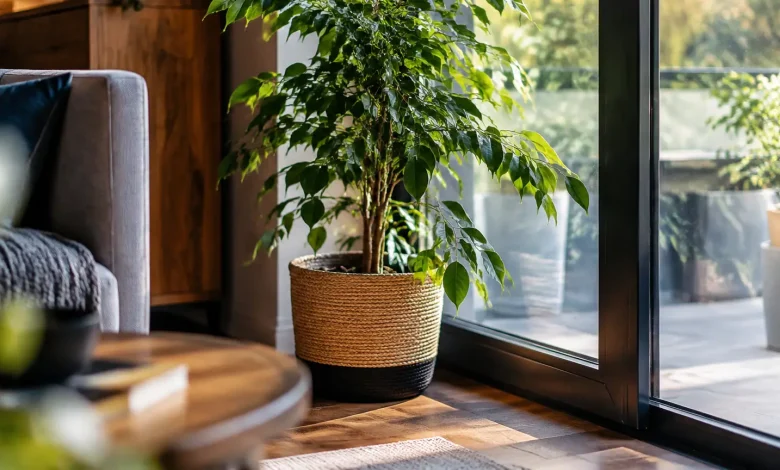 Arbre en pot pose pres de la baie vitree