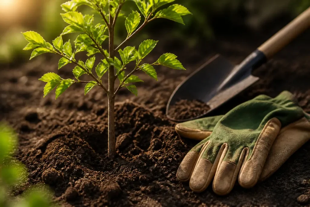Jeune arbre dans sol brun, gants de jardin, pelle