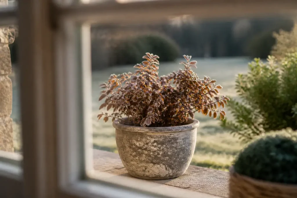 Arbuste en pot, feuilles brunies par le givre