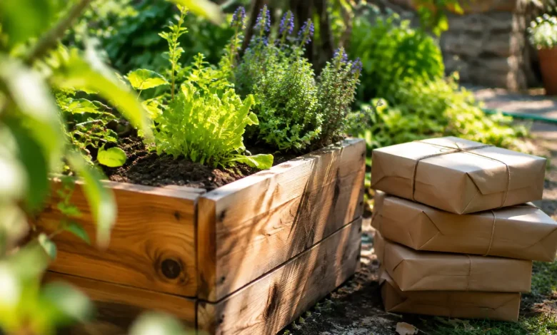 Bac en bois au jardin, paquets empilés à côté
