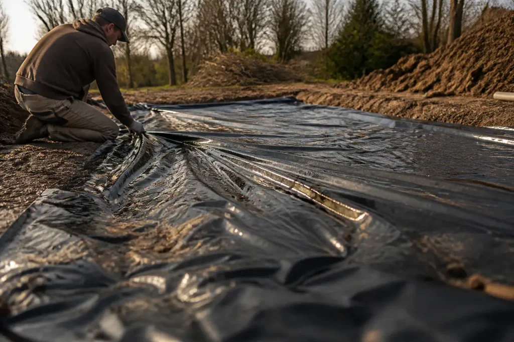 Bache plastique noire tendue sur un sol boueux