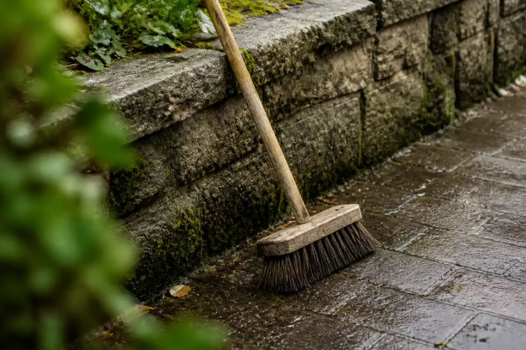 Balai contre un muret sur un pavage humide