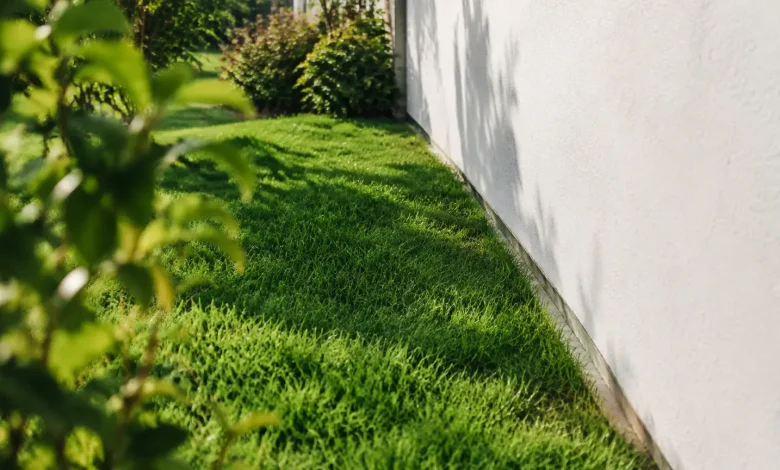 Bande de gazon verte le long d'un mur blanc