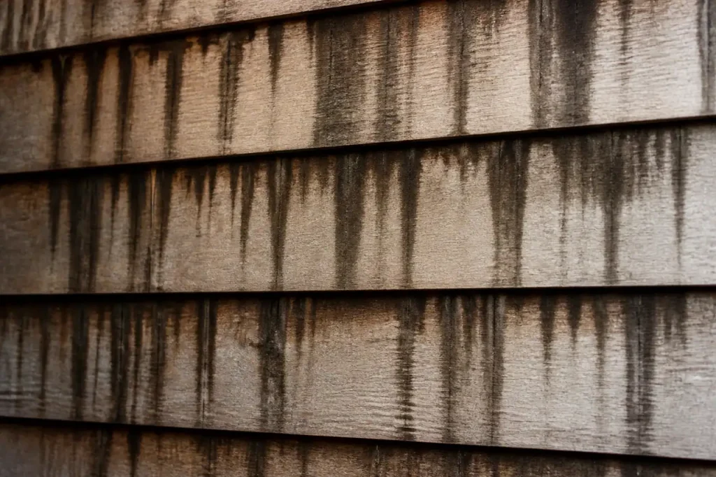 Bardage en bois couvert de coulures sombres
