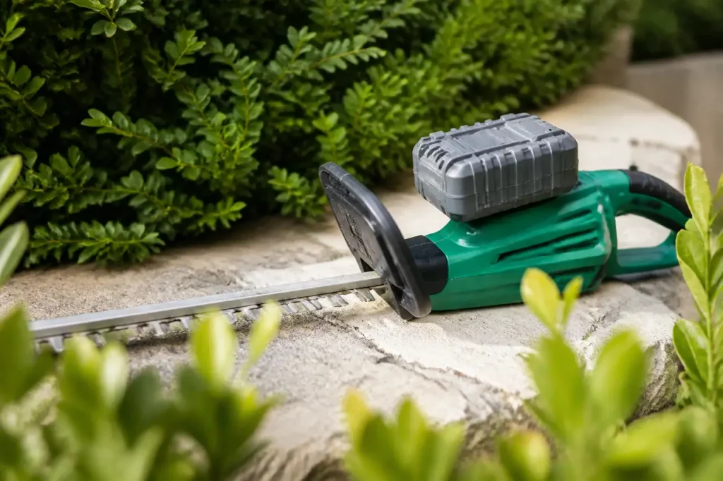 Batterie Parkside grise posee sur un taille-haies vert
