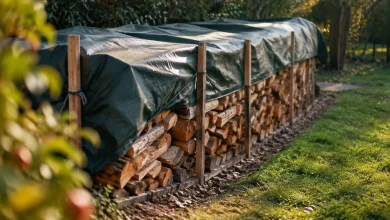 Bois de chauffage sous toile tendue retenue par piquets