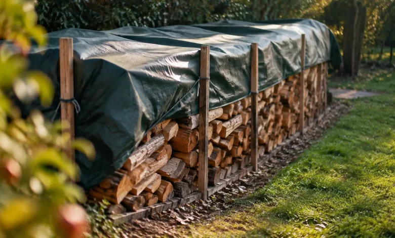 Bois de chauffage sous toile tendue retenue par piquets