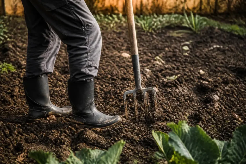 Bottes noires et fourche dans un potager brun