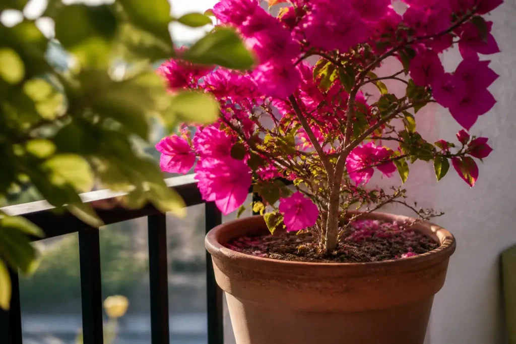 Bougainvillier fleuri en pot, terreau sec en surface