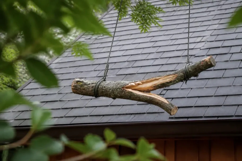 Branche fendue suspendue sur le toit gris