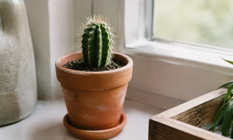 Petit cactus vert dans un pot en terre cuite