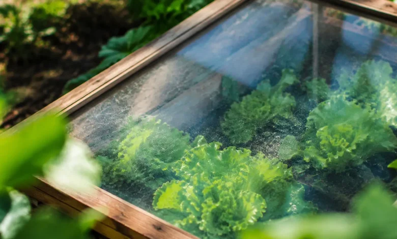 Cadre en bois couvert de verre poussiereux sur laitues