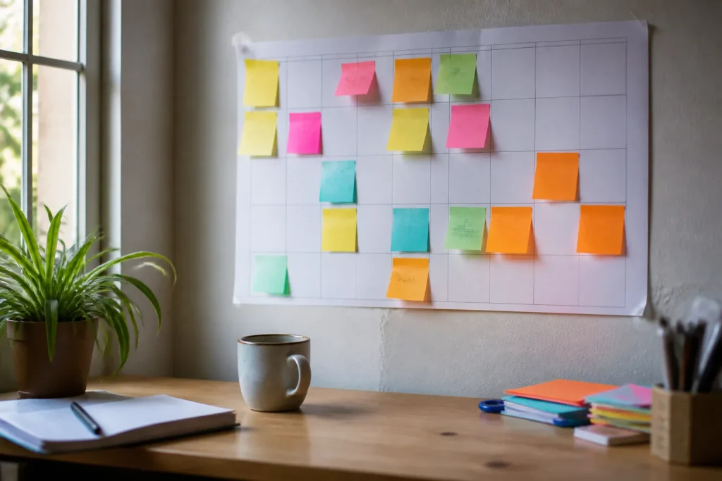 Calendrier mural annuel avec notes colorees sur bureau