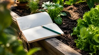 Carnet ouvert et crayon poses sur un bac potager