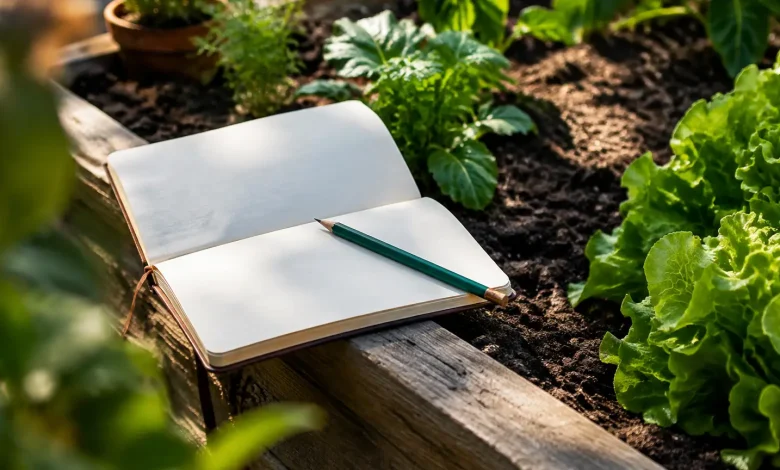 Carnet ouvert et crayon poses sur un bac potager