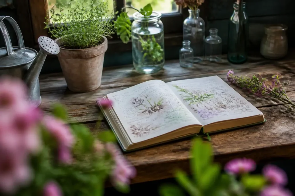 Carnet de jardin ouvert sur table en bois
