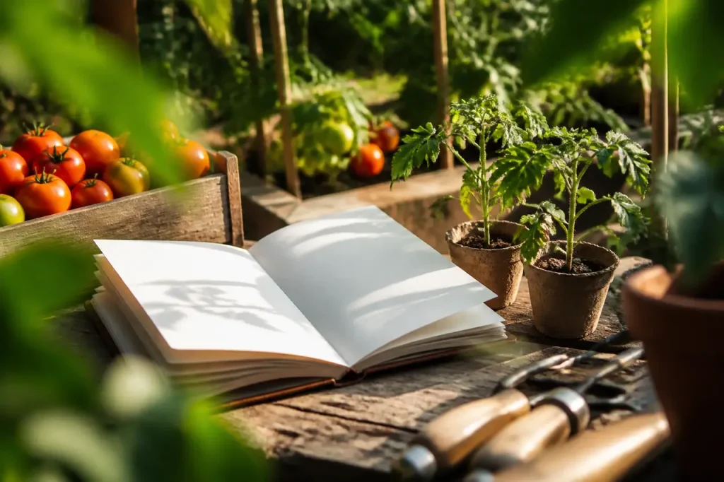 Carnet ouvert et plants de tomates au potager