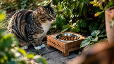 Chat assis pres dune mangeoire posee au sol