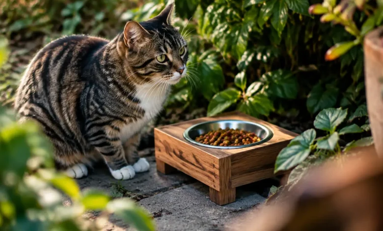 Chat assis pres dune mangeoire posee au sol