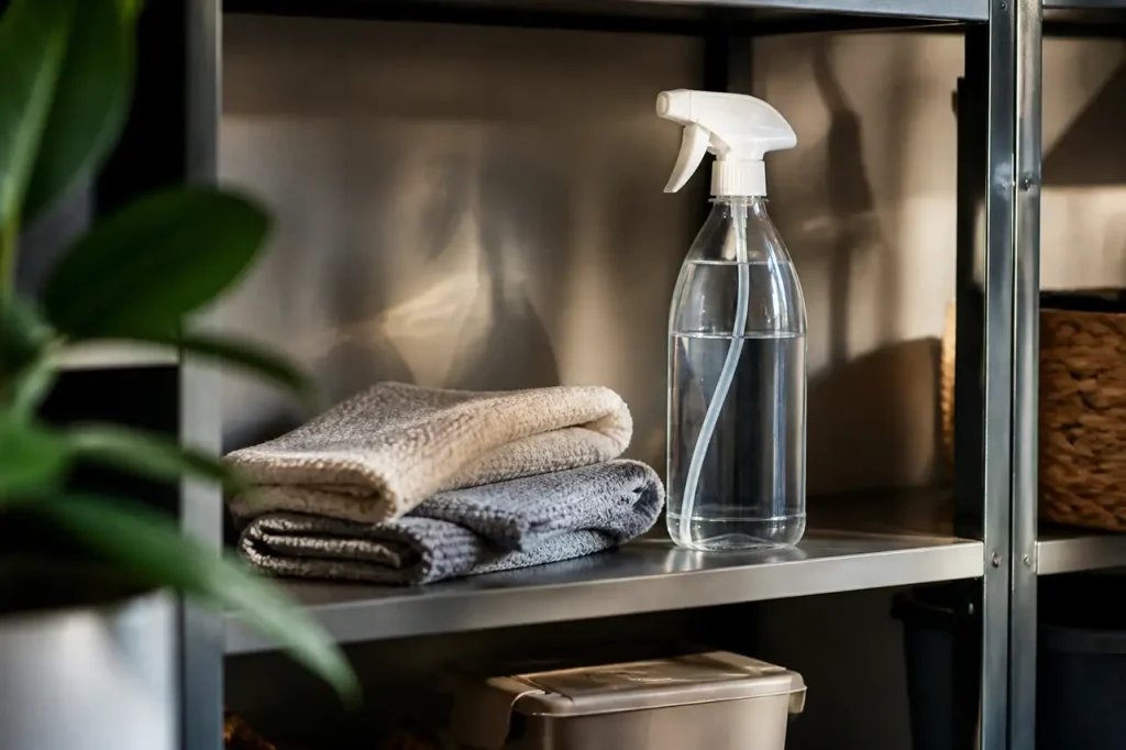 Chiffons et spray nettoyant poses sur une etagere