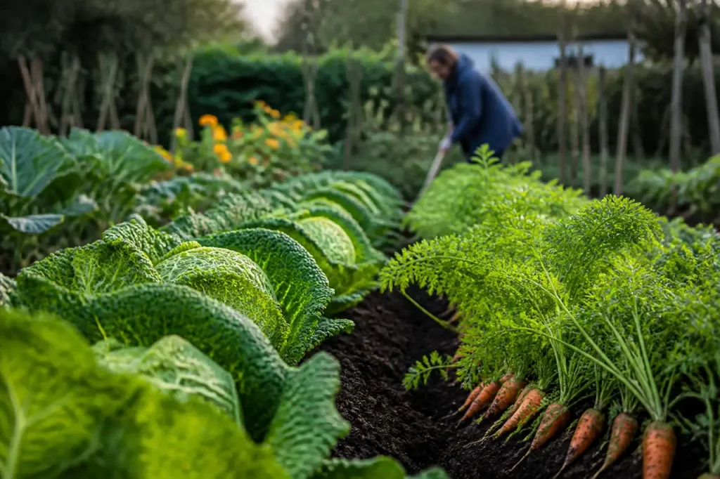 Rangees de choux et carottes dans un potager